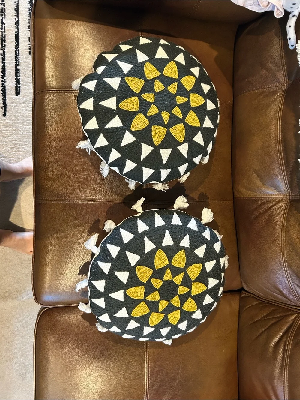 Two Round Decorative Pouf Cushion with Geometric Beadwork-Black, White & Mustard - Picture 8 of 8